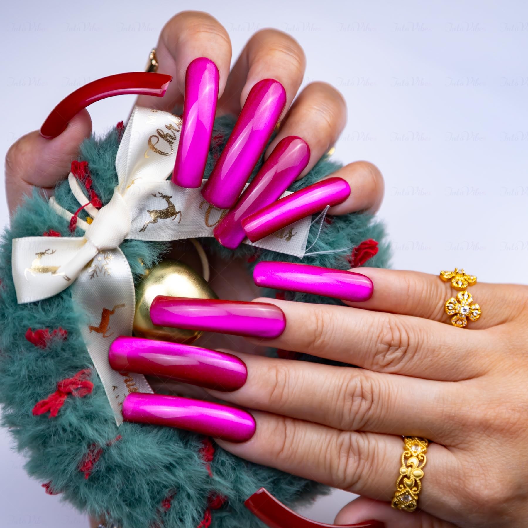 IntoVibes Purple Shimmer XL Press On Nails – Curved Down Groove, Metallic Plum, Reusable Fake Nail Tips, Salon-Quality for Special Occasions