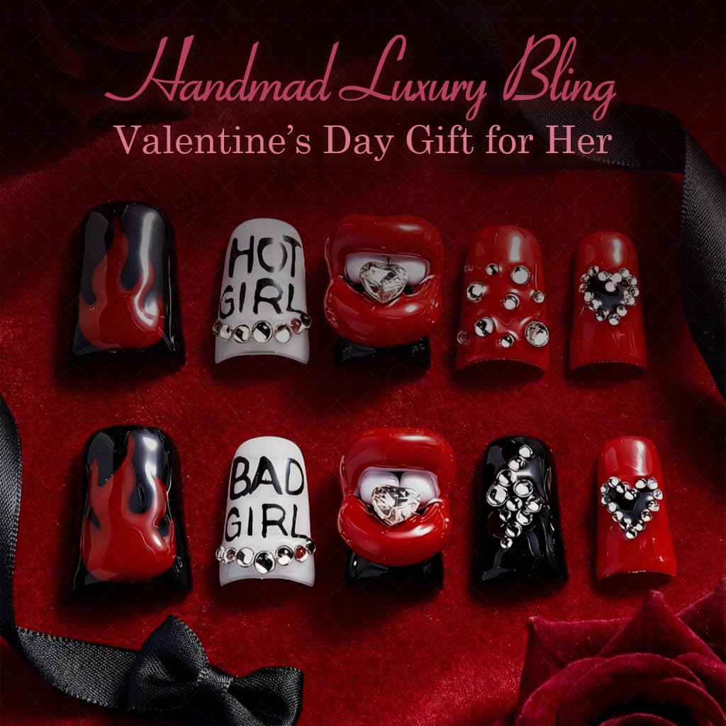 IntoVibes 10-Piece Luxury Acrylic Press On Nails – Short Duck Shape, Red Flames & Glitter Lips, Reusable Valentines Nails (L)
