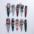 IntoVibes 10-Piece Handmade Red & Green Christmas Nails with Stiietto Design – Reusable, Size M