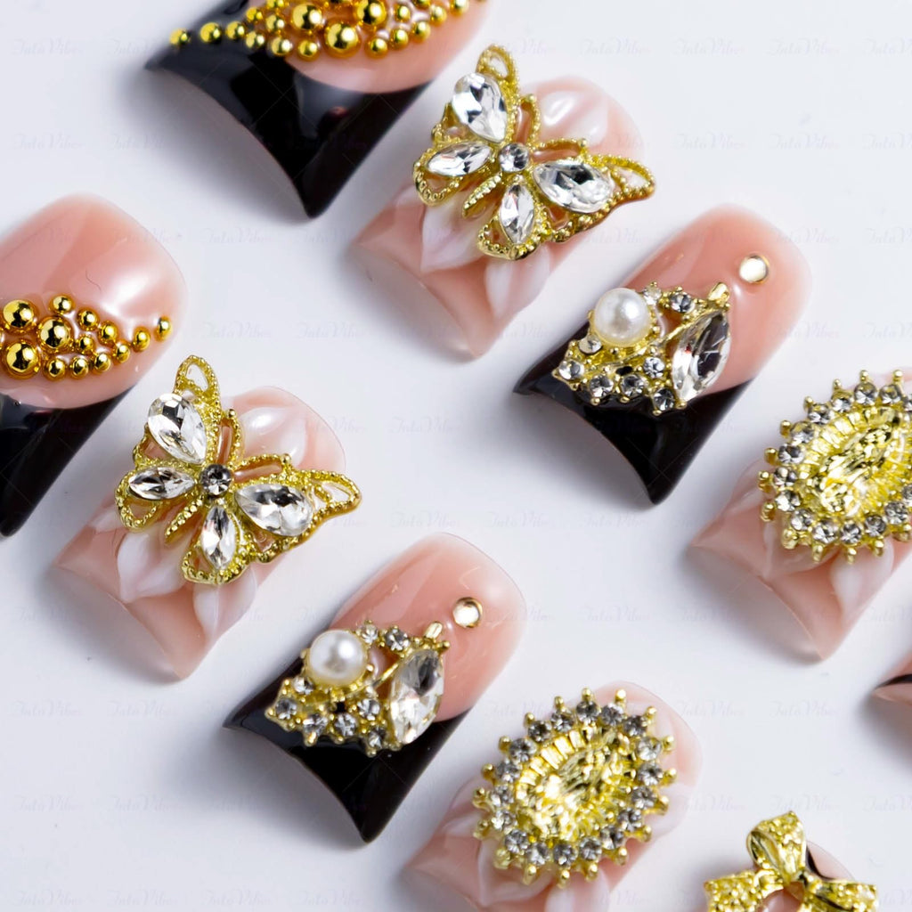 IntoVibes 10-Piece Luxury Acrylic Press On Nails — Short Duck Shape, Pink & Black, Gold Butterflies & Bows, Reusable