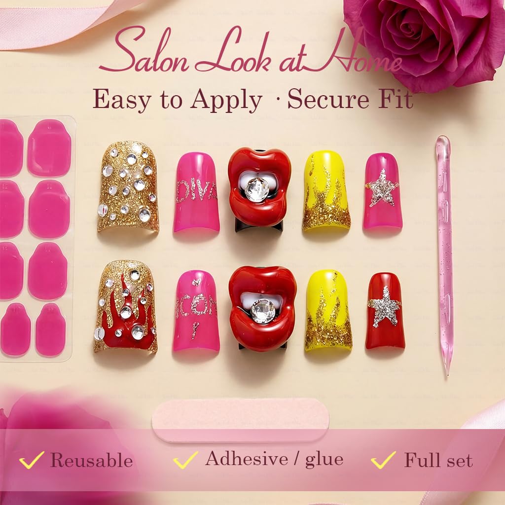 IntoVibes 10-Piece Luxury Acrylic Press-On Nails – Short Duck Shape, Pink, Rhinestones & 3D Lips, Reusable | Size L