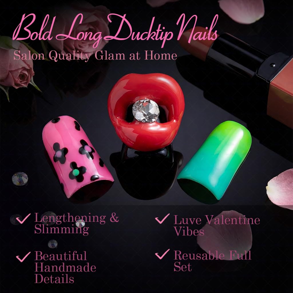 IntoVibes 10 Pcs Luxury Acrylic Press On Nails – Short Duck Shape, Leopard Print & 3D Lips