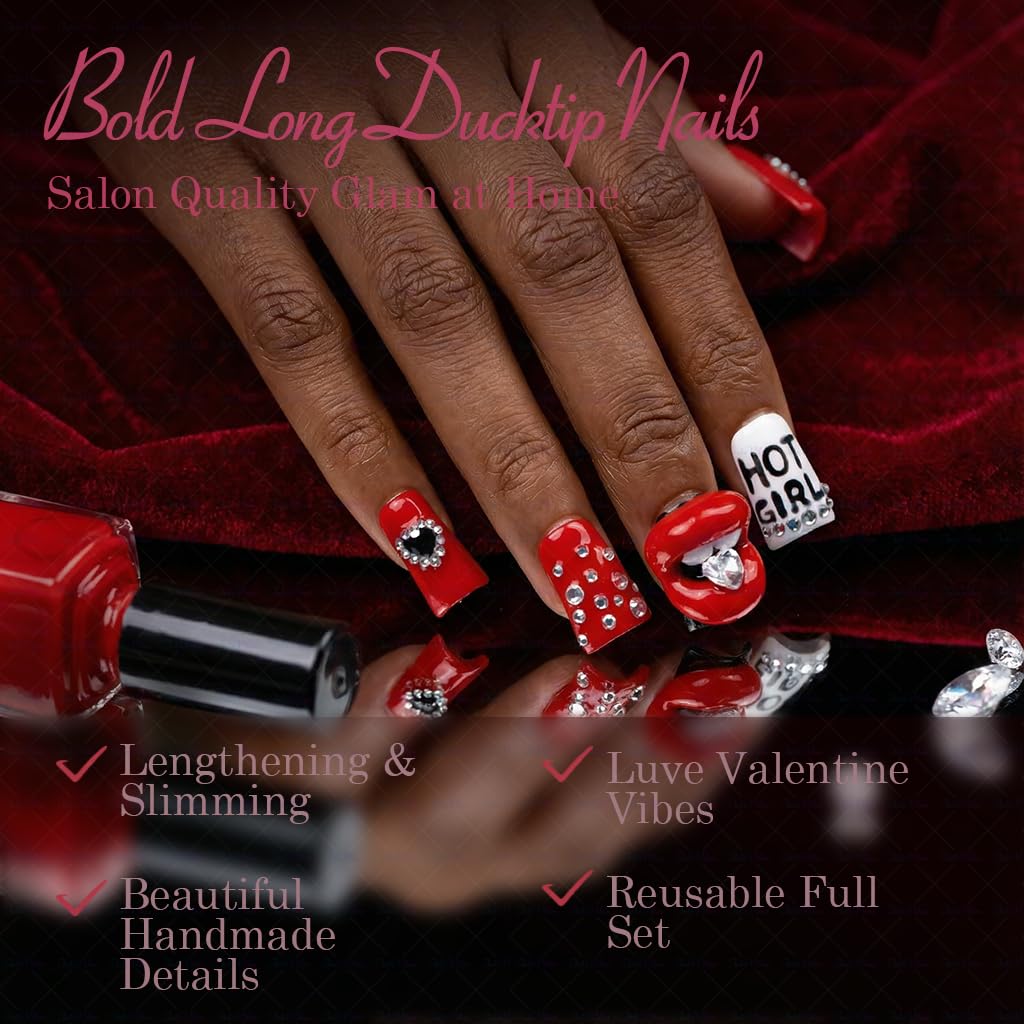 IntoVibes 10 Pcs Luxury Acrylic Press On Nails – Short Duck Shape, Red & Black Flames, Glitter Lips, Reusable Valentines Day Nails