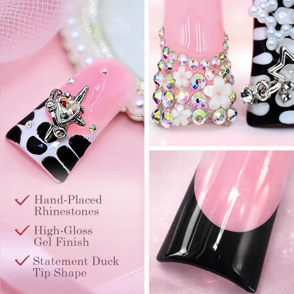 IntoVibes 10-Piece Luxury Acrylic Press On Nails – Duck Shape, Black French, 3D Bowknot & Stars (L)