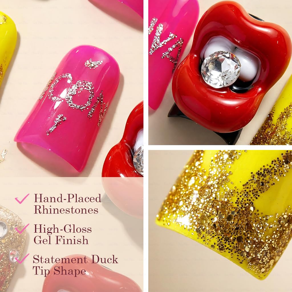 IntoVibes 10-Piece Luxury Acrylic Press-On Nails – Short Duck Shape, Pink, Rhinestones & 3D Lips, Reusable | Size L