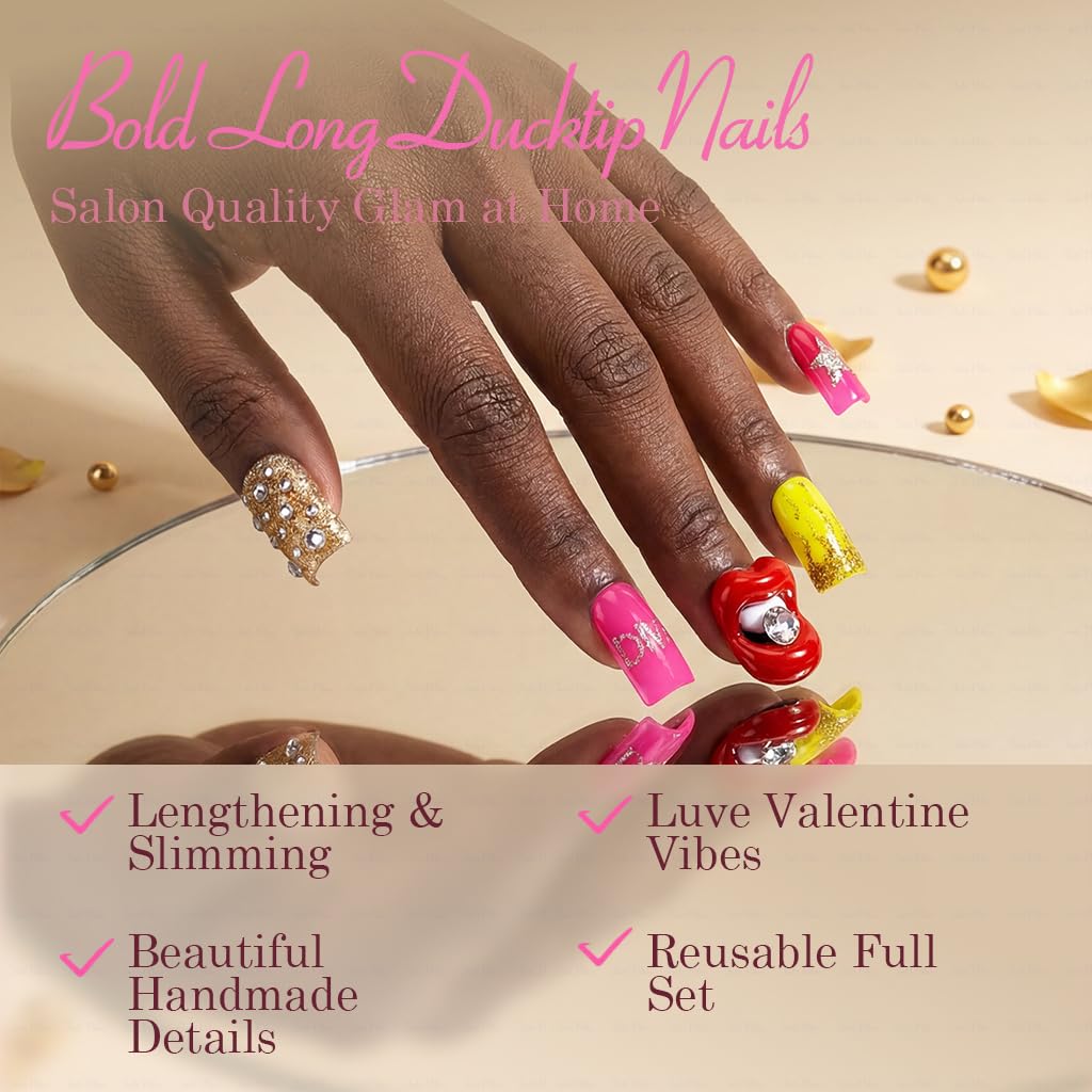 IntoVibes 10-Piece Luxury Acrylic Press On Nails – Short Duck Shape, Pink, Rhinestones, Reusable