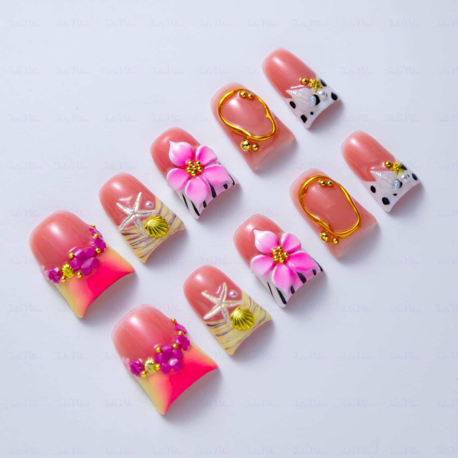 IntoVibes 10-Piece Luxury Acrylic Press-On Nails – Short Duck Shape, Pink French, 3D Flowers & Shells, Reusable