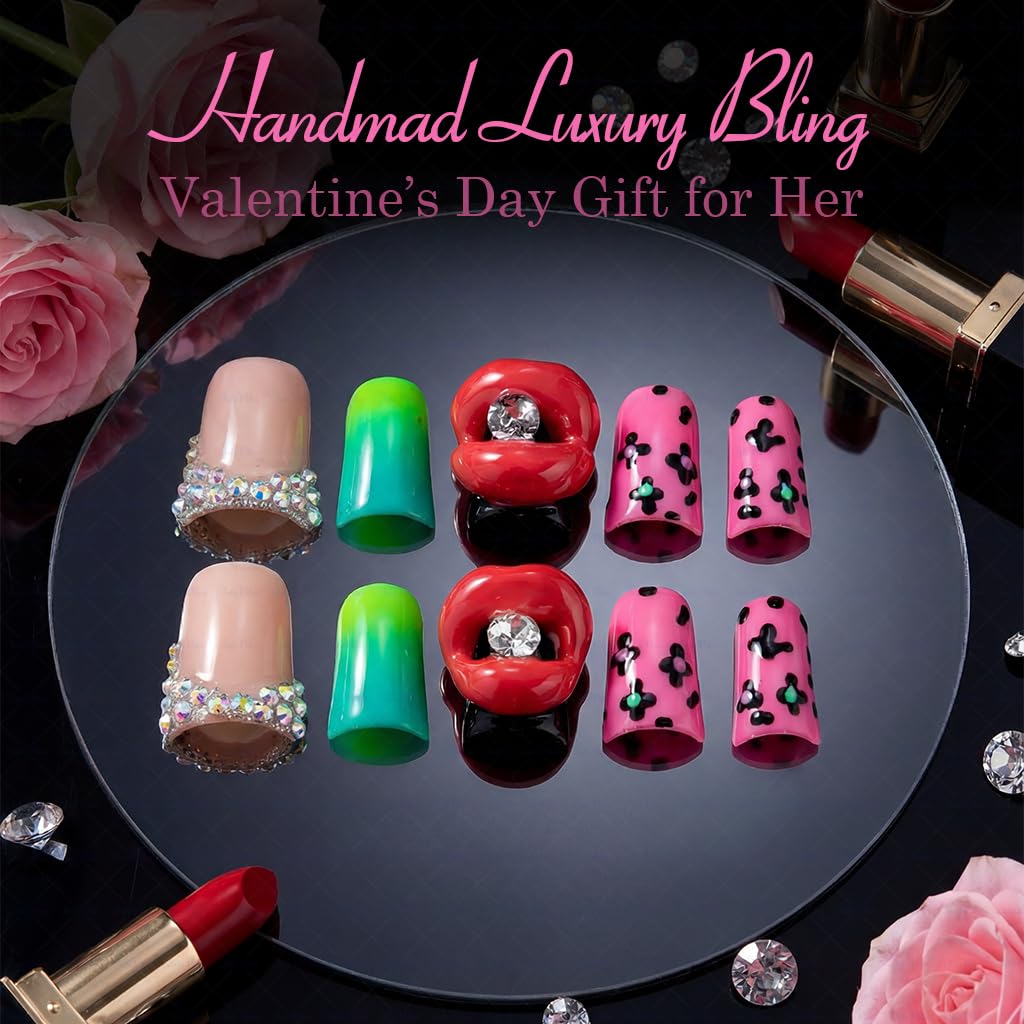 IntoVibes 10-Piece Luxury Duck-Shape Short Press-On Nails – Pink, Leopard Print & 3D Lips, Reusable