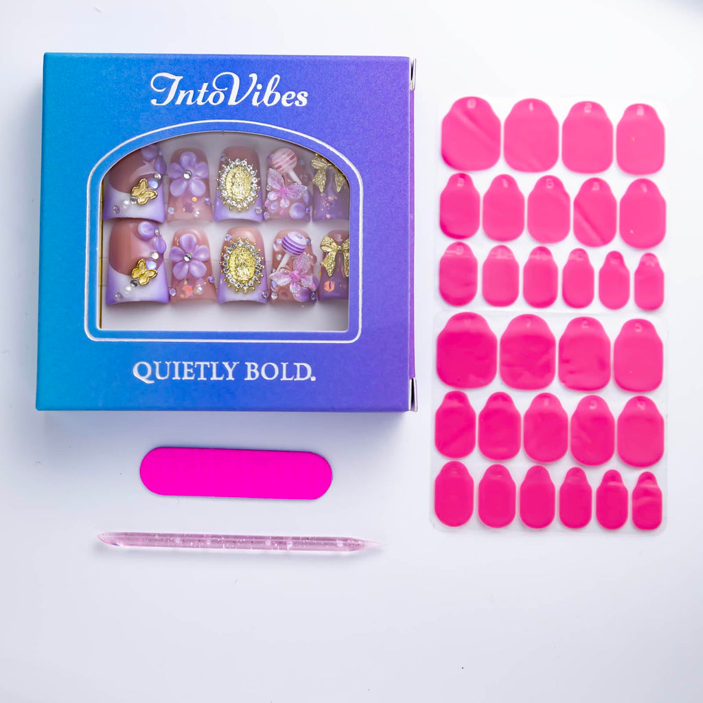 IntoVibes 10-Piece Luxury Acrylic Press-On Nails – Short Duck Shape, Pink & Purple, 3D Flowers, Bowknots, Reusable (Size L)