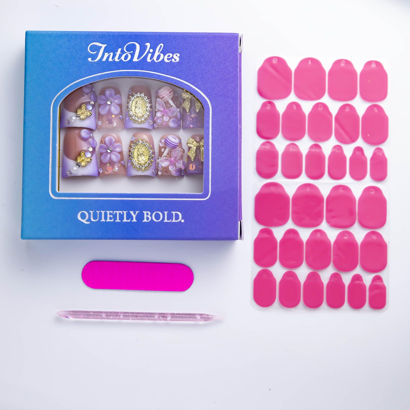 IntoVibes 10-Piece Luxury Acrylic Press-On Nails – Short Duck Shape, Pink & Purple, 3D Flowers, Bowknots, Reusable (Size L)