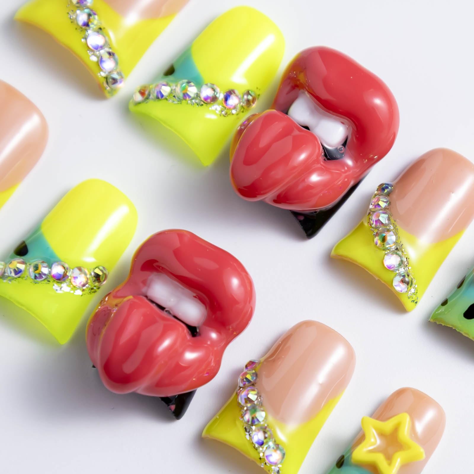 IntoVibes 10-Piece Luxury Acrylic Press-On Nails — Short Duck Shape, Rhinestones, 3D Red Lips, Reusable