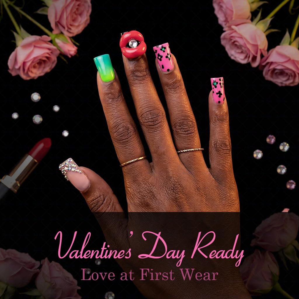 IntoVibes 10-Piece Luxury Duck-Shape Short Press-On Nails – Pink, Leopard Print & 3D Lips, Reusable