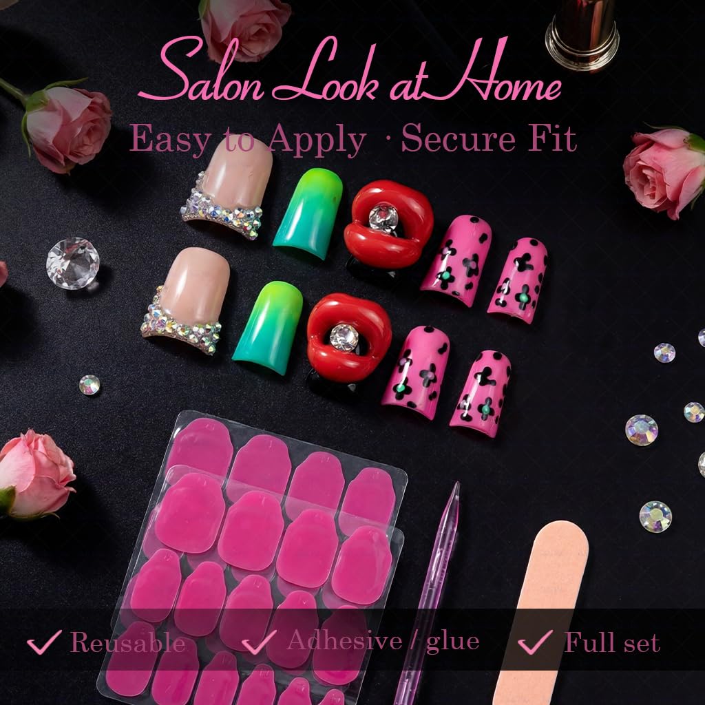 IntoVibes 10-Piece Luxury Duck-Shape Short Press-On Nails – Pink, Leopard Print & 3D Lips, Reusable