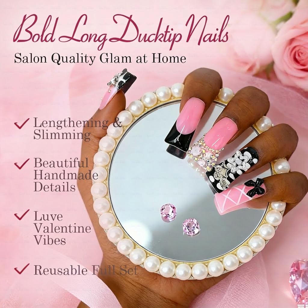 IntoVibes 10-Piece Luxury Acrylic Press On Nails – Duck Shape, Black French, 3D Bowknot & Stars (L)