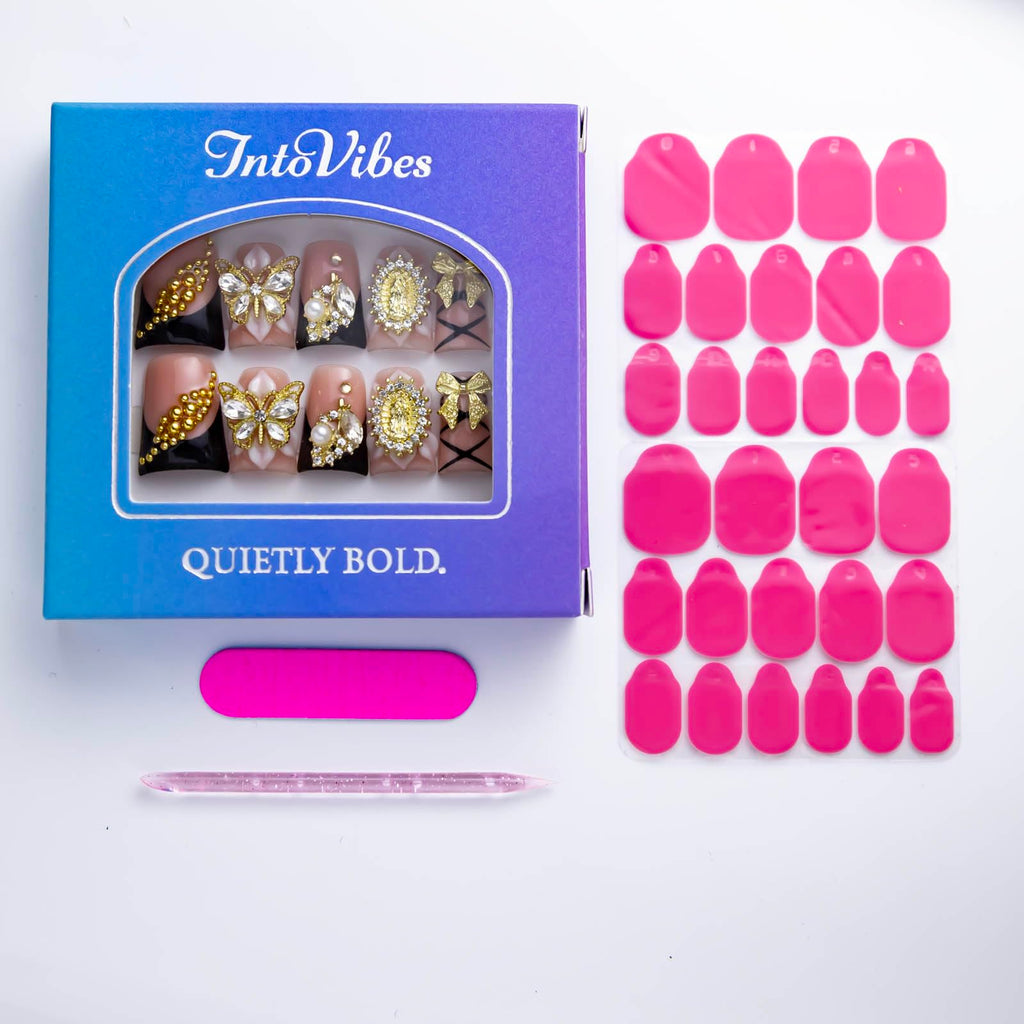 IntoVibes 10-Piece Luxury Acrylic Press On Nails — Short Duck Shape, Pink & Black, Gold Butterflies & Bows, Reusable