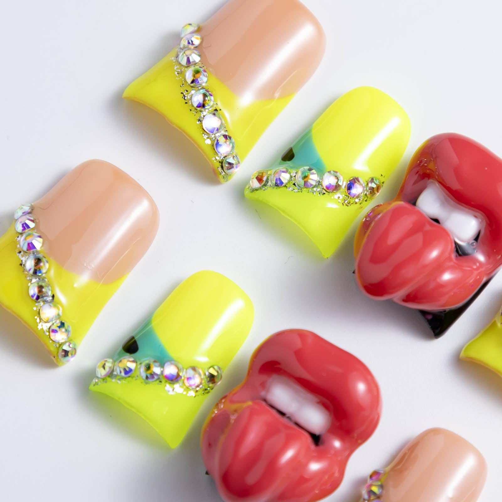 IntoVibes 10 Pcs Luxury Acrylic Press On Nails – Short Duck Shape, Reusable, Rhinestones, Yellow Star & 3D Lips (L)