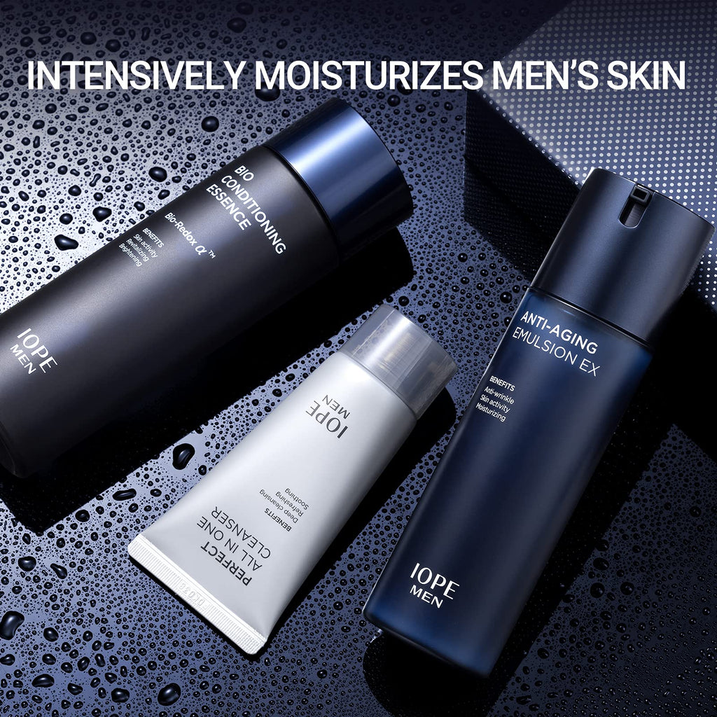IOPE Men BIO Anti-aging & Moisturizing Skincare Set | Cleanser, Emulsion, Conditioning Essence Serum & Soothing Aftershave (HOMME by Amorepacific)