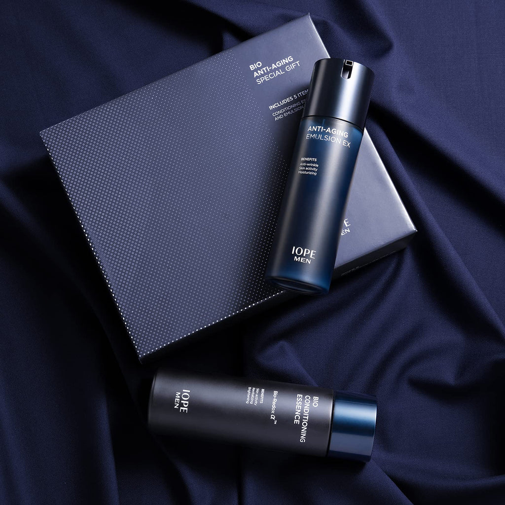 IOPE Men BIO Anti-aging & Moisturizing Skincare Set | Cleanser, Emulsion, Conditioning Essence Serum & Soothing Aftershave (HOMME by Amorepacific)