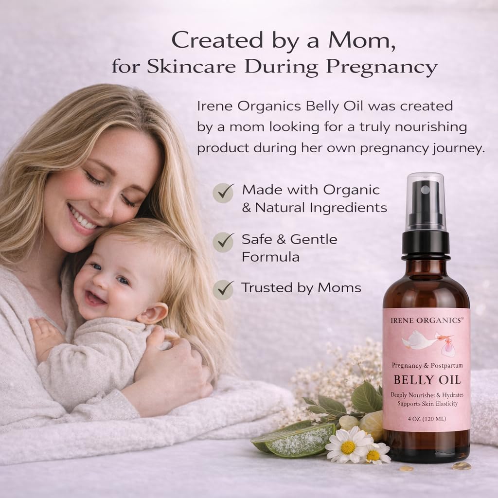 Irene Organics Organic Belly Oil for Pregnancy & Postpartum — Lightweight, Non-Greasy & Unscented