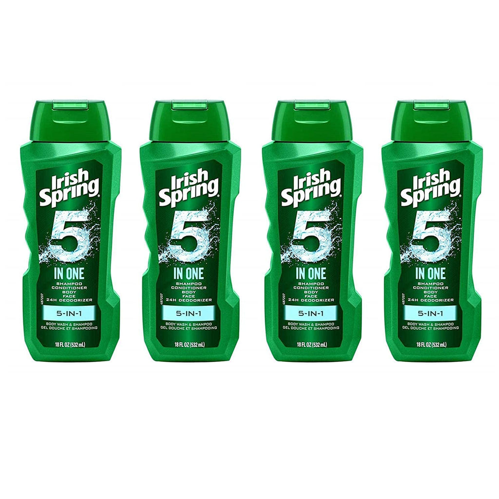 Irish Spring 5-in-1 Shampoo, Conditioner, Body Wash, Face Wash & Deodorizer – 18 oz Pack of 4