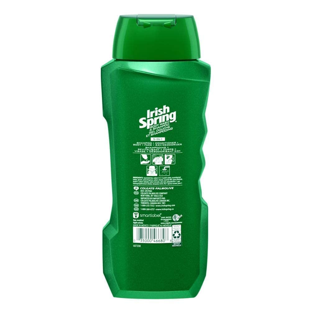 Irish Spring 5-in-1 Shampoo, Conditioner, Body Wash, Face Wash & Deodorizer – 18 oz Pack of 4