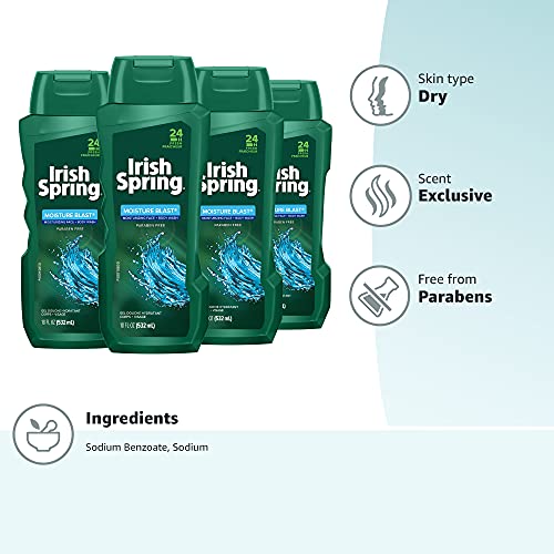 Irish Spring Moisture Blast Body Wash – 4 x 18 oz | Hydrating Clean & Freshness