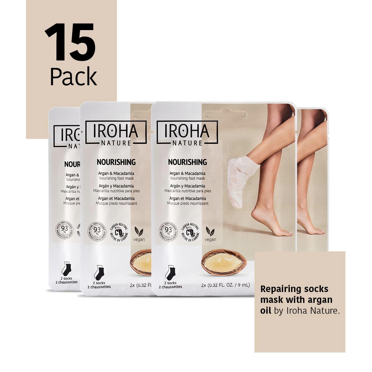 IROHA NATURE Nourishing Foot Mask Socks – Argan & Macadamia Oil, 15 Pairs, 100% Vegan