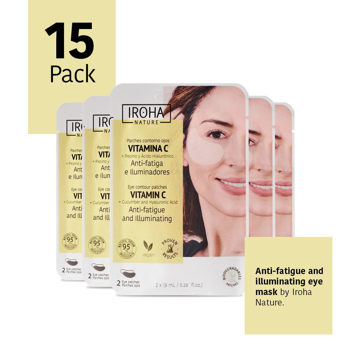 IROHA NATURE Illuminating & Anti-Fatigue Eye Patches – 15 Pairs with Cucumber & Vitamin C