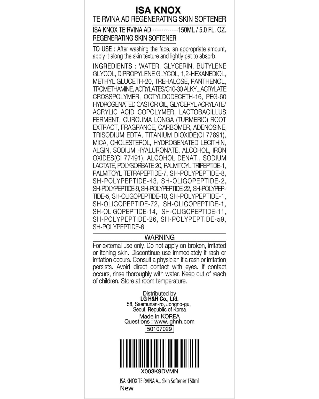 ISA KNOX TE'RVINA AD Regenerating Skin Softener – Hydrating Toner by LG Beauty (5.1 oz) with Placenta & Rose Absolute