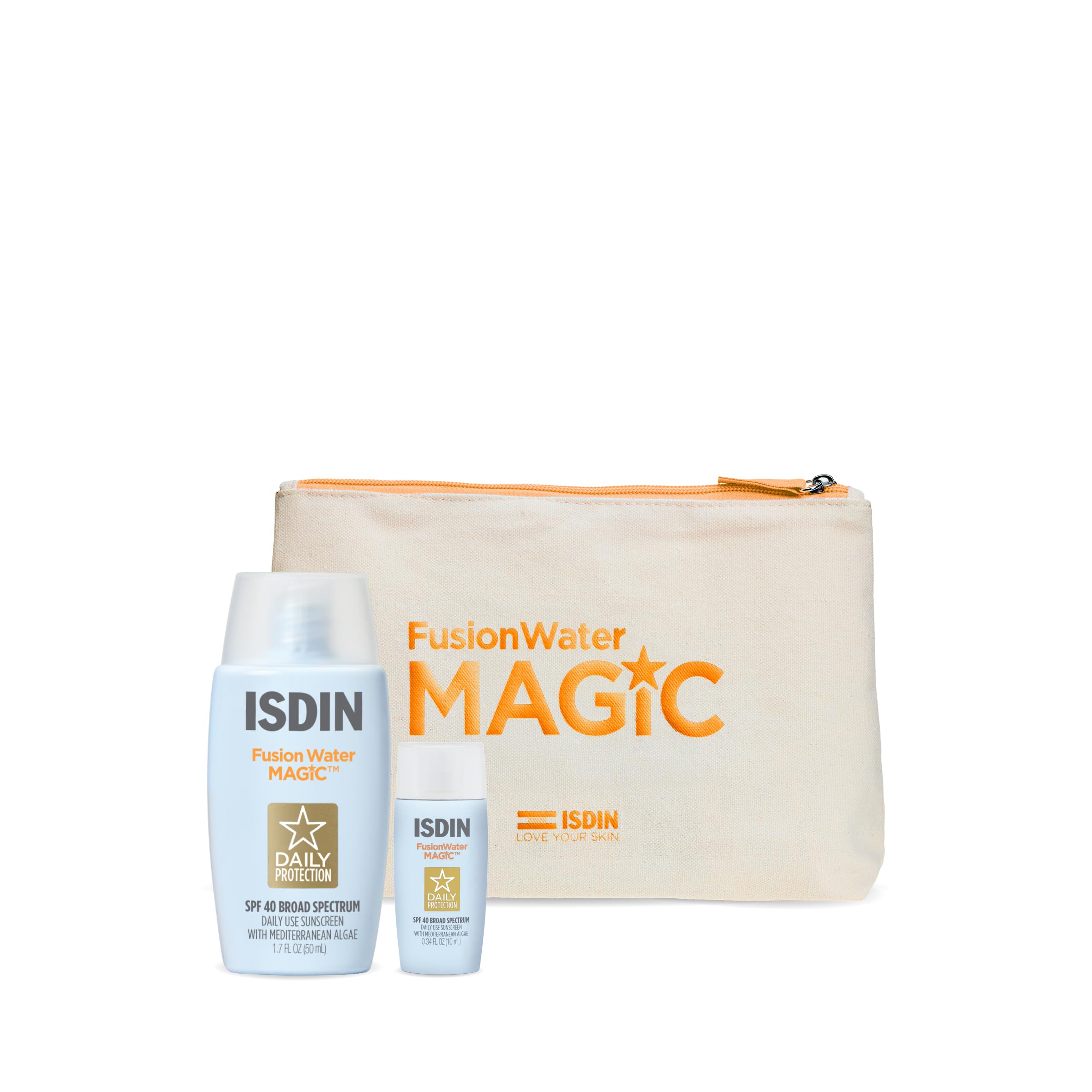 ISDIN Fusion Water MAGIC Gift Set – Lightweight SPF 50, 2 Sizes + Travel Beauty Bag