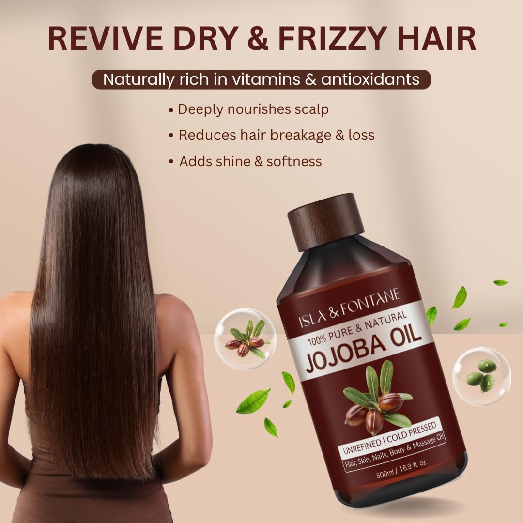 ISLA & FONTANE Jojoba Oil Set – 500ml, Pure Cold-Pressed, Hexane-Free, 2 Droppers + Massager
