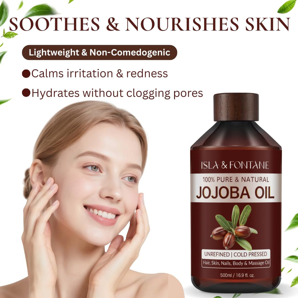 ISLA & FONTANE Jojoba Oil Set – 500ml, Pure Cold-Pressed, Hexane-Free, 2 Droppers + Massager