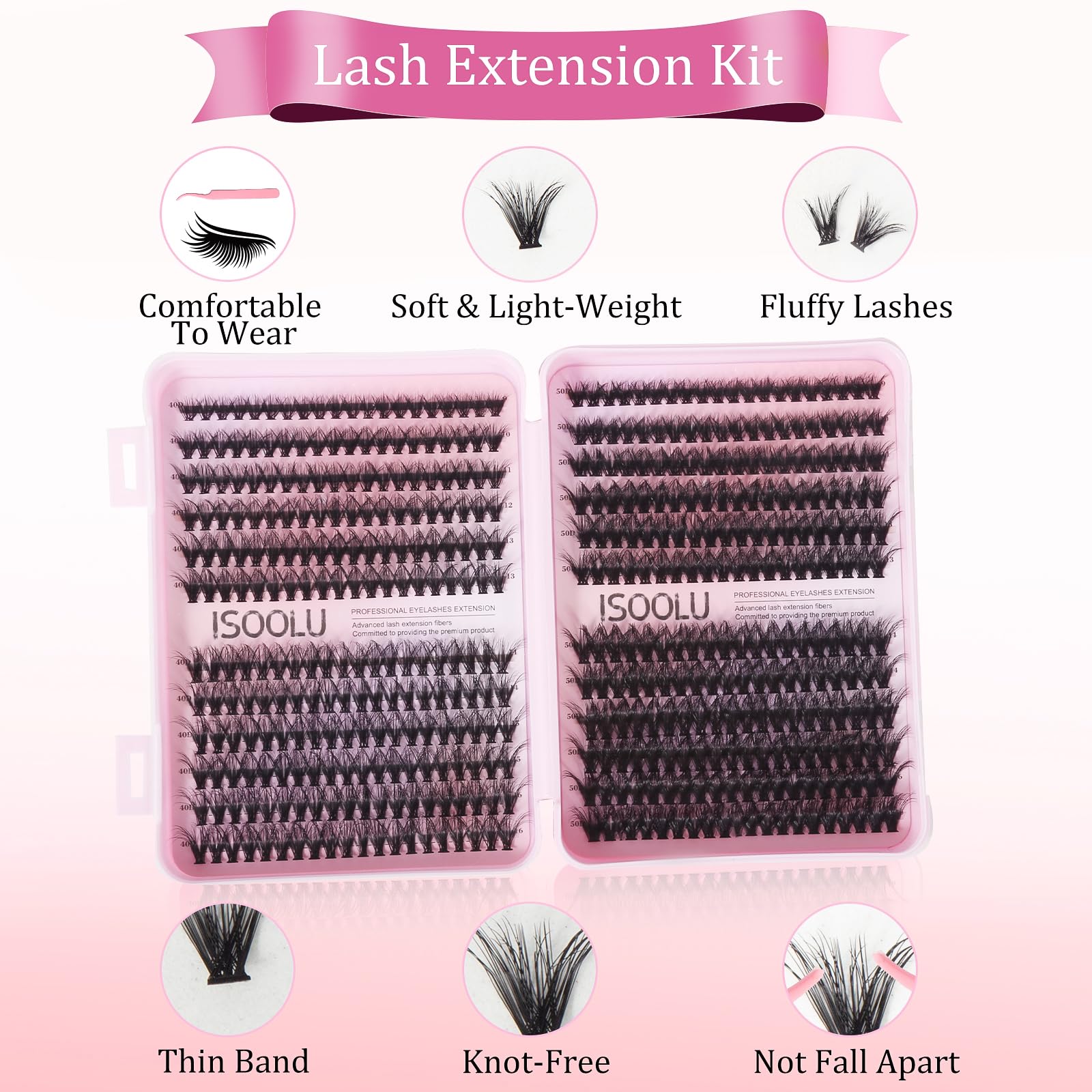 ISOOLU Fairy Lash Clusters Kit – DIY Lashes, 40D+50D C Curl Wispy (9–16mm) with Bond & Seal