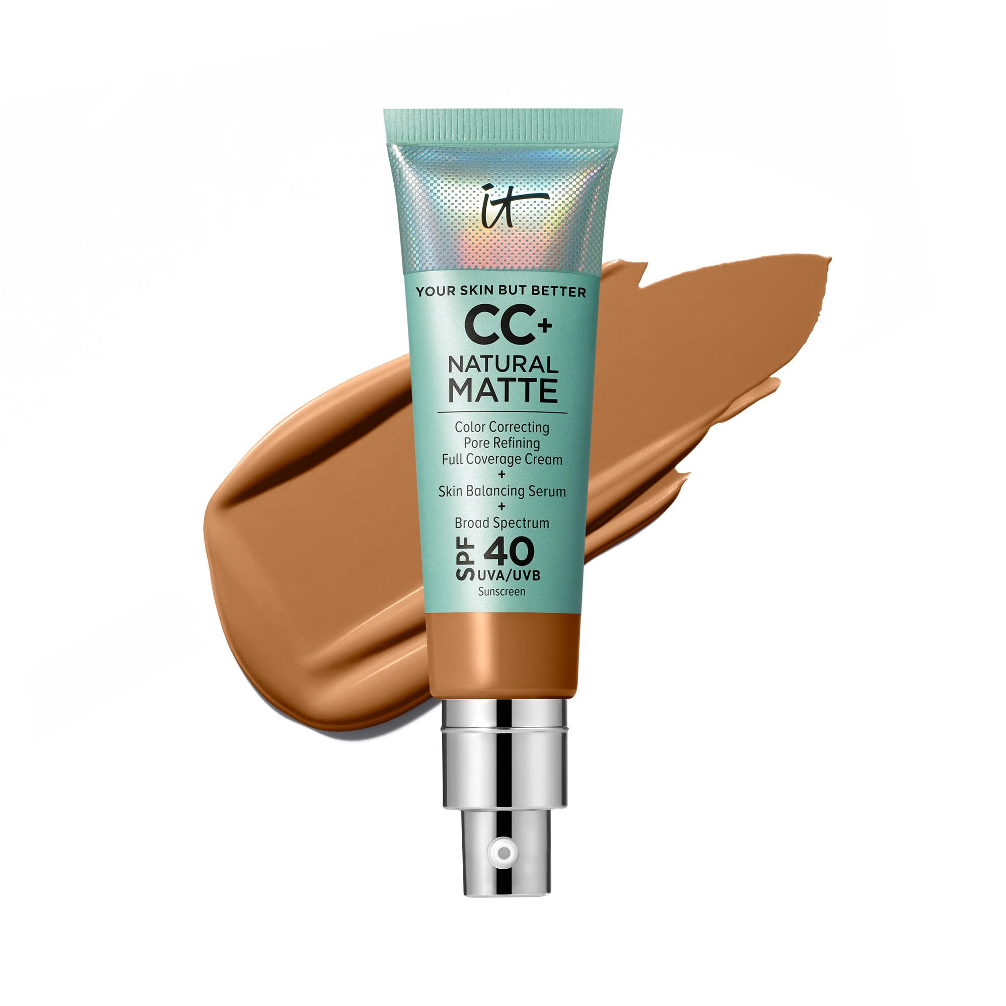 IT Cosmetics CC+ Cream Natural Matte Rich Honey – Poreless Full-Coverage Foundation with SPF 40 (16HR Shine Control)
