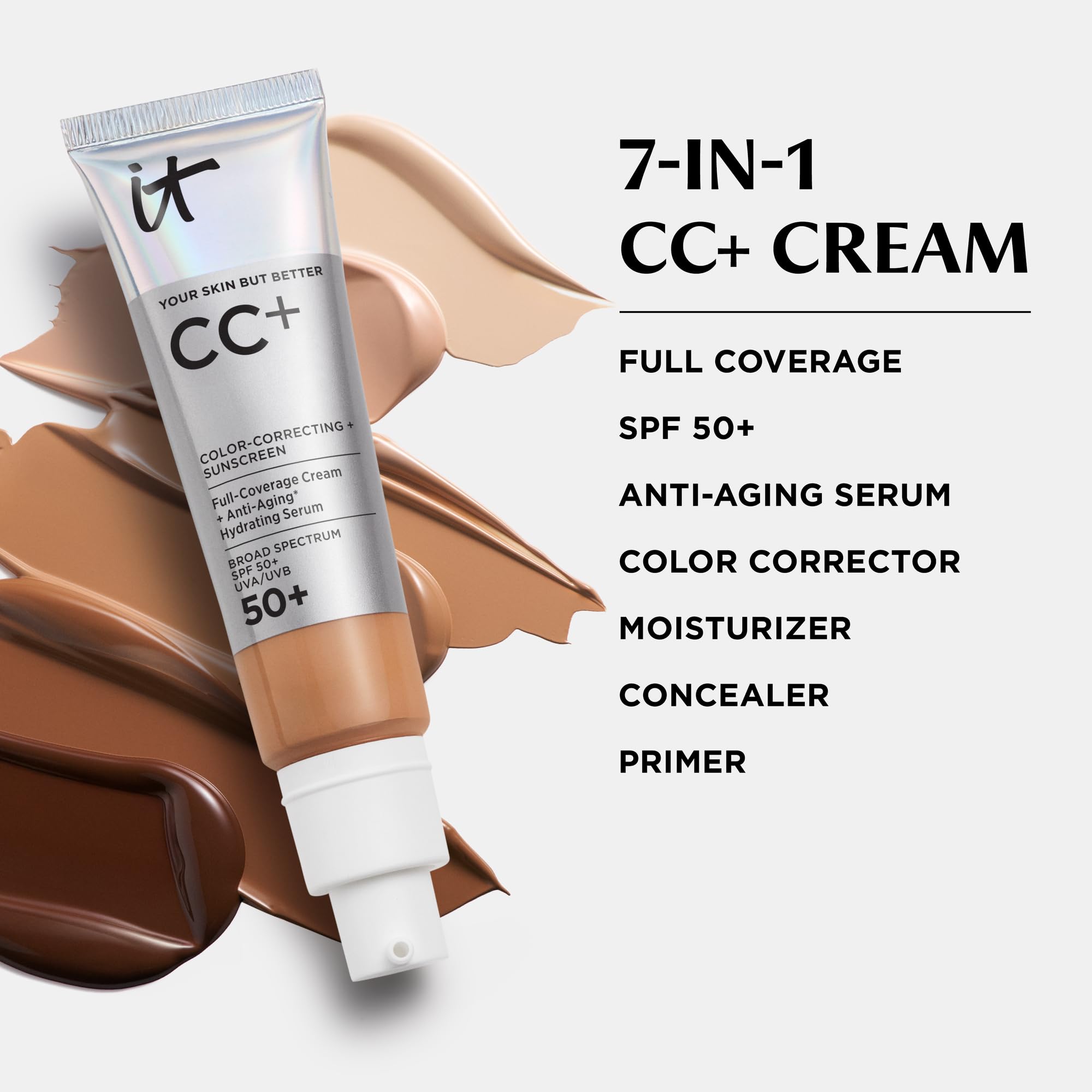 IT Cosmetics CC+ Cream Travel (Neutral Deep) – SPF 50+ Full-Coverage Foundation, Anti-Aging Serum, 0.4 fl oz