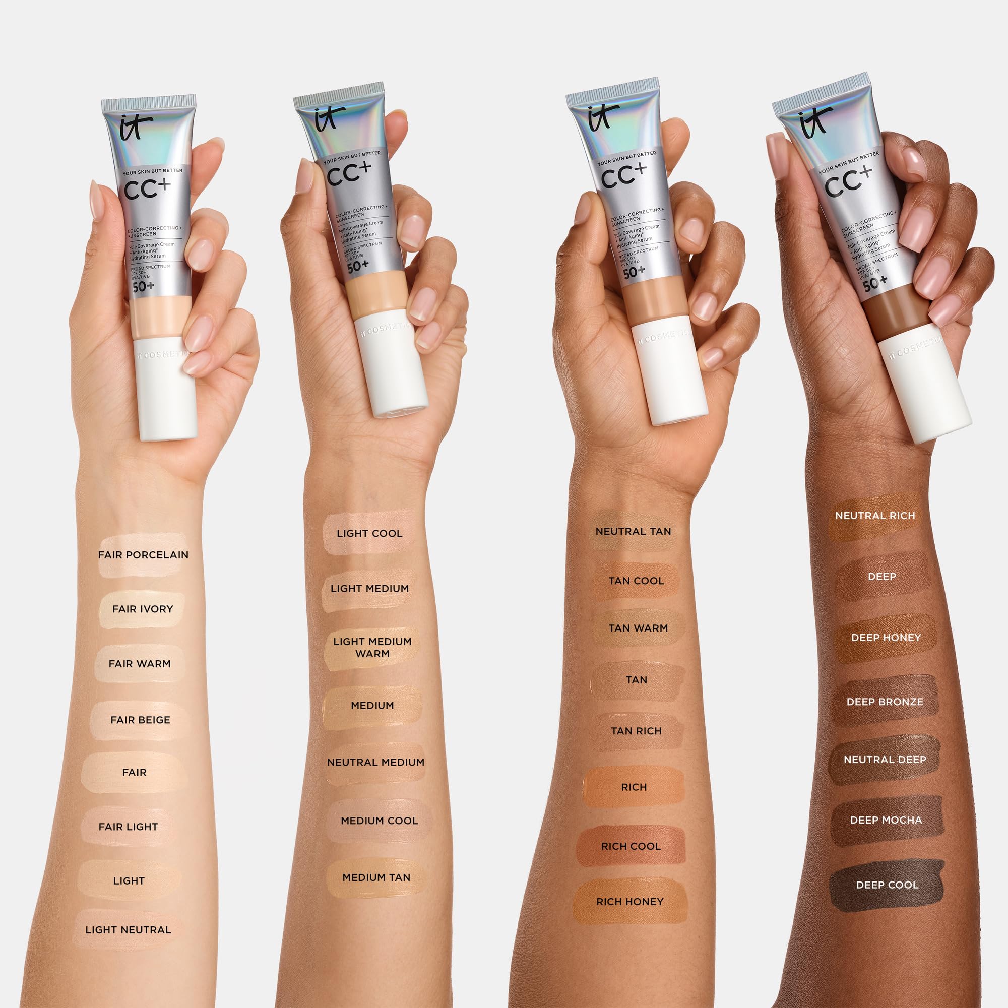 IT Cosmetics CC+ Cream Deep – Natural Full Coverage Foundation with SPF 50+, Hyaluronic Acid & Peptides