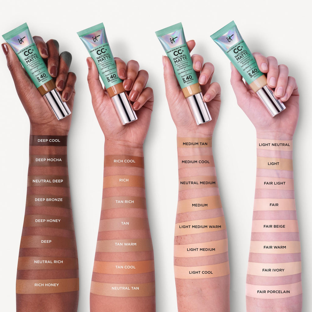 IT Cosmetics CC+ Cream Natural Matte (Medium Cool) – Poreless Full-Coverage Foundation with SPF 40