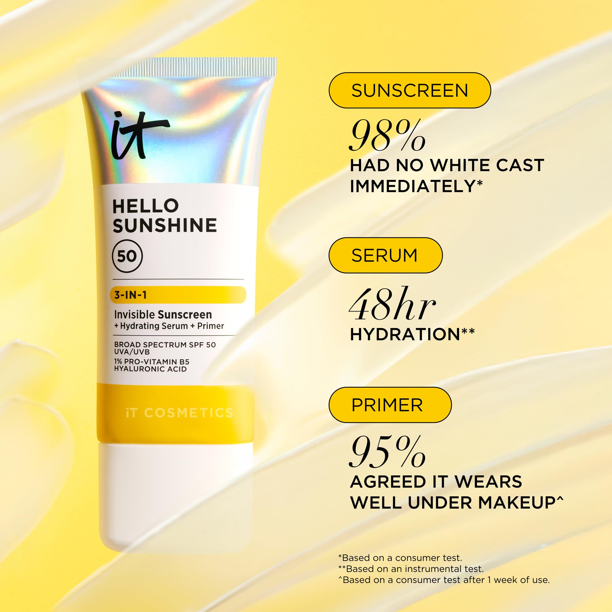 IT Cosmetics Hello Sunshine Invisible Sunscreen SPF 50 — 3-in-1 Hydration, Primer & Clear SPF