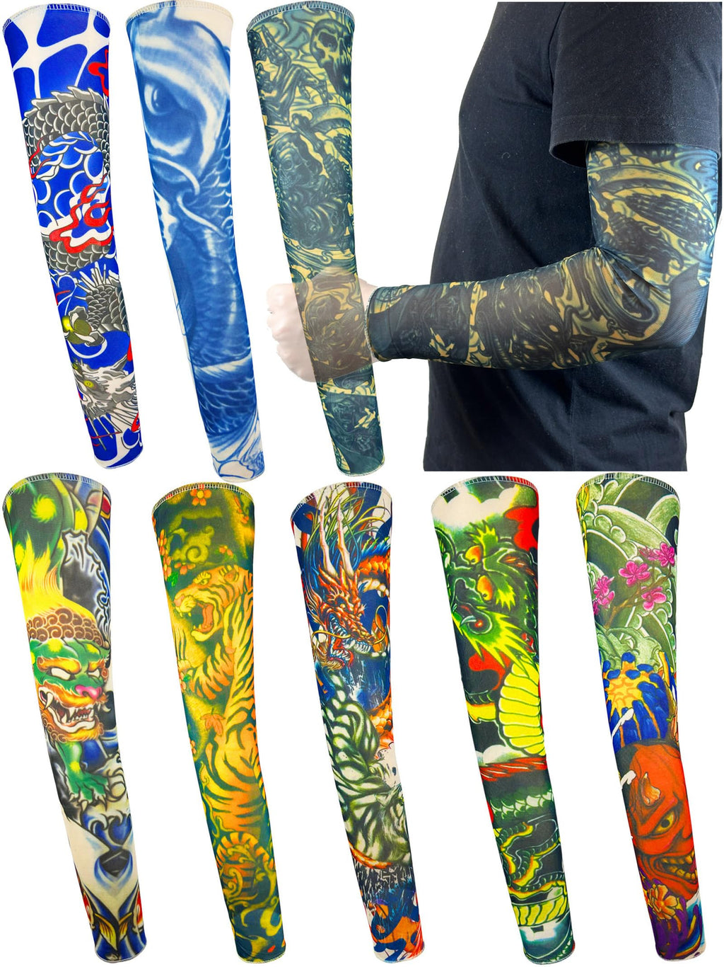 iToolai Temporary Tattoo Sleeves for Men – 8-Piece Dragon Design Set, UV Protection & Cooling