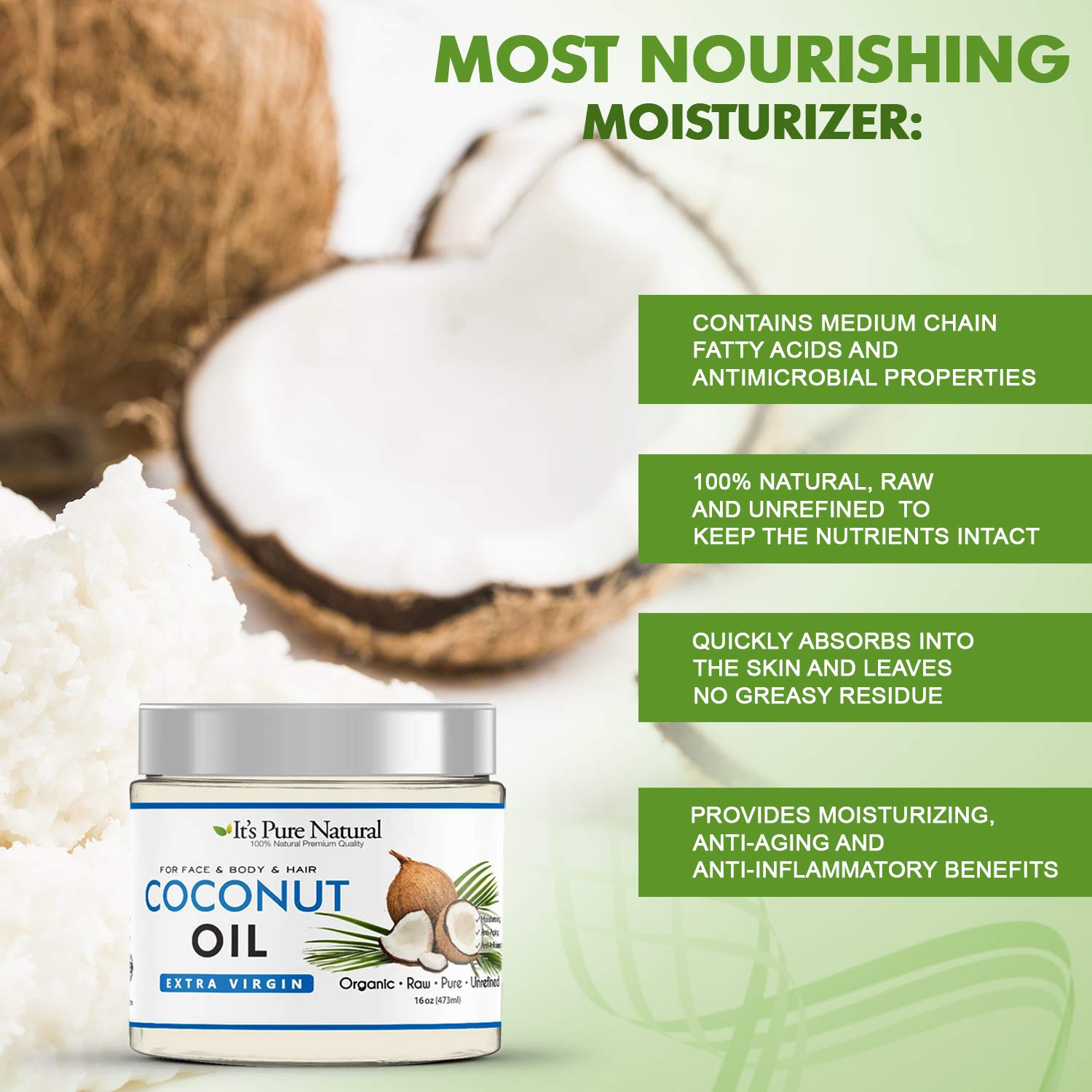 It's Pure Natural Extra Virgin Coconut Oil (16 oz) – Skin, Hair, Cuticles & Massage