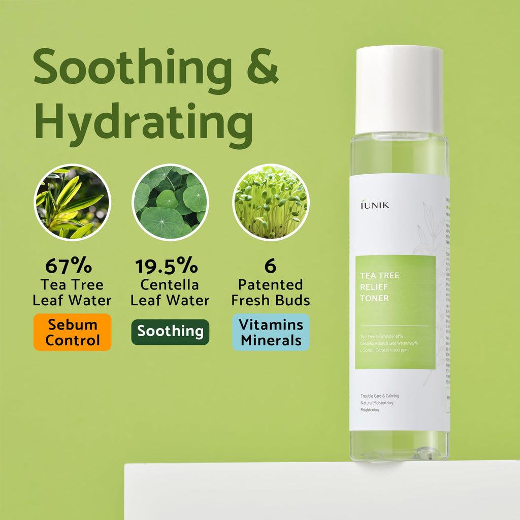 IUNIK Tea Tree Relief Toner – Vegan, Sensitive Skin, 67% Tea Tree Water + 19.5% Centella