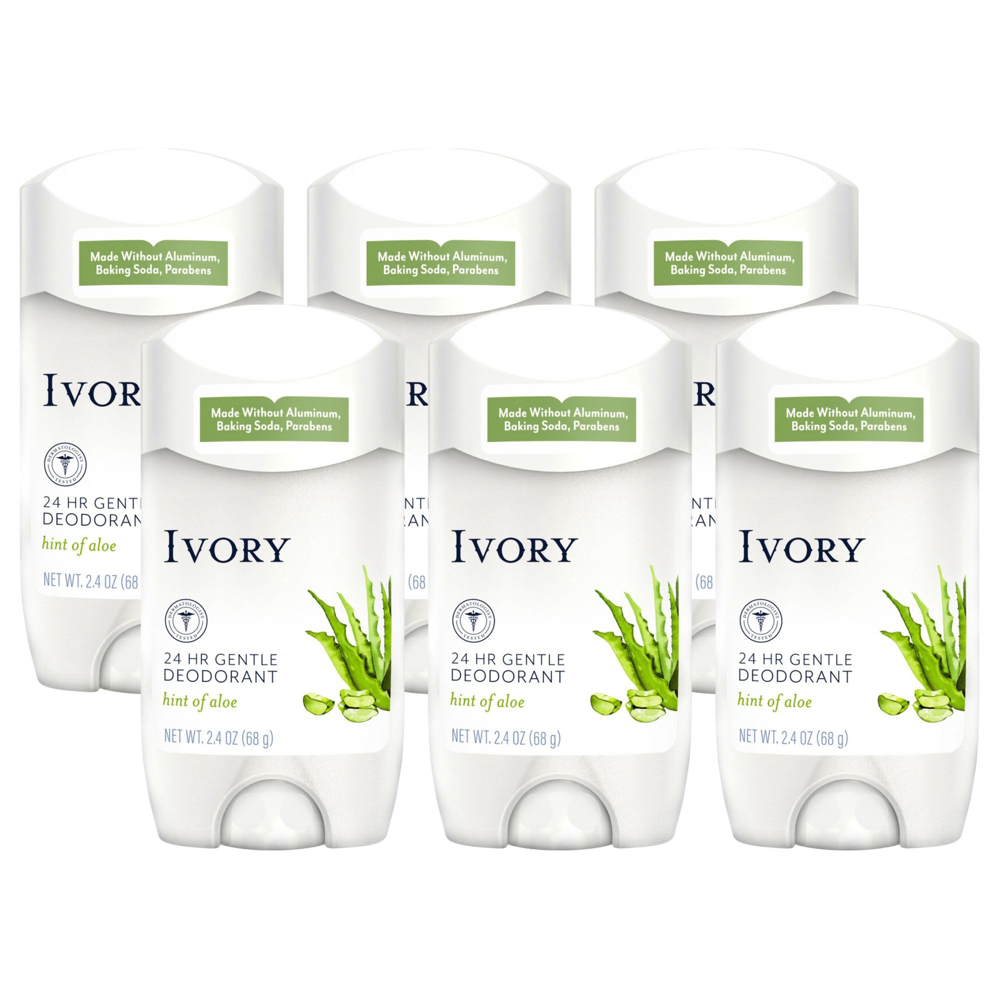 Ivory Aluminum-Free Deodorant with Hint of Aloe — 24h Odor Protection, Pack of 6