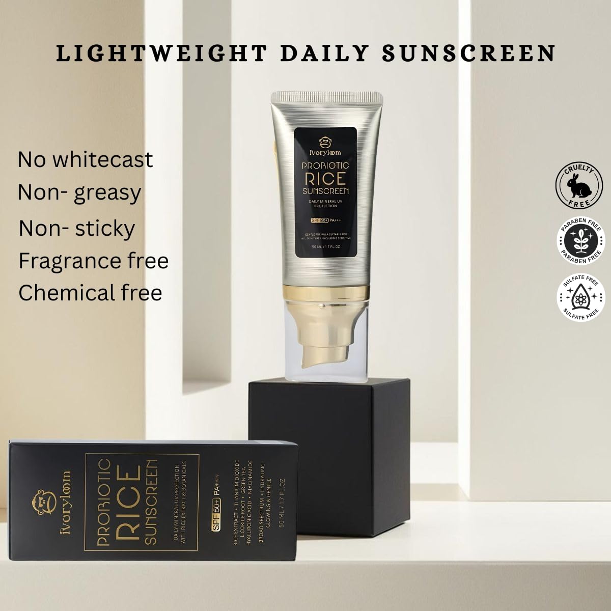 Ivory Loom SPF 50 PA++++ Mineral Sunscreen | Fast Absorbing Hydration with Rice Ferment, Niacinamide, Hyaluronic Acid | Reef Safe | 1.7 oz