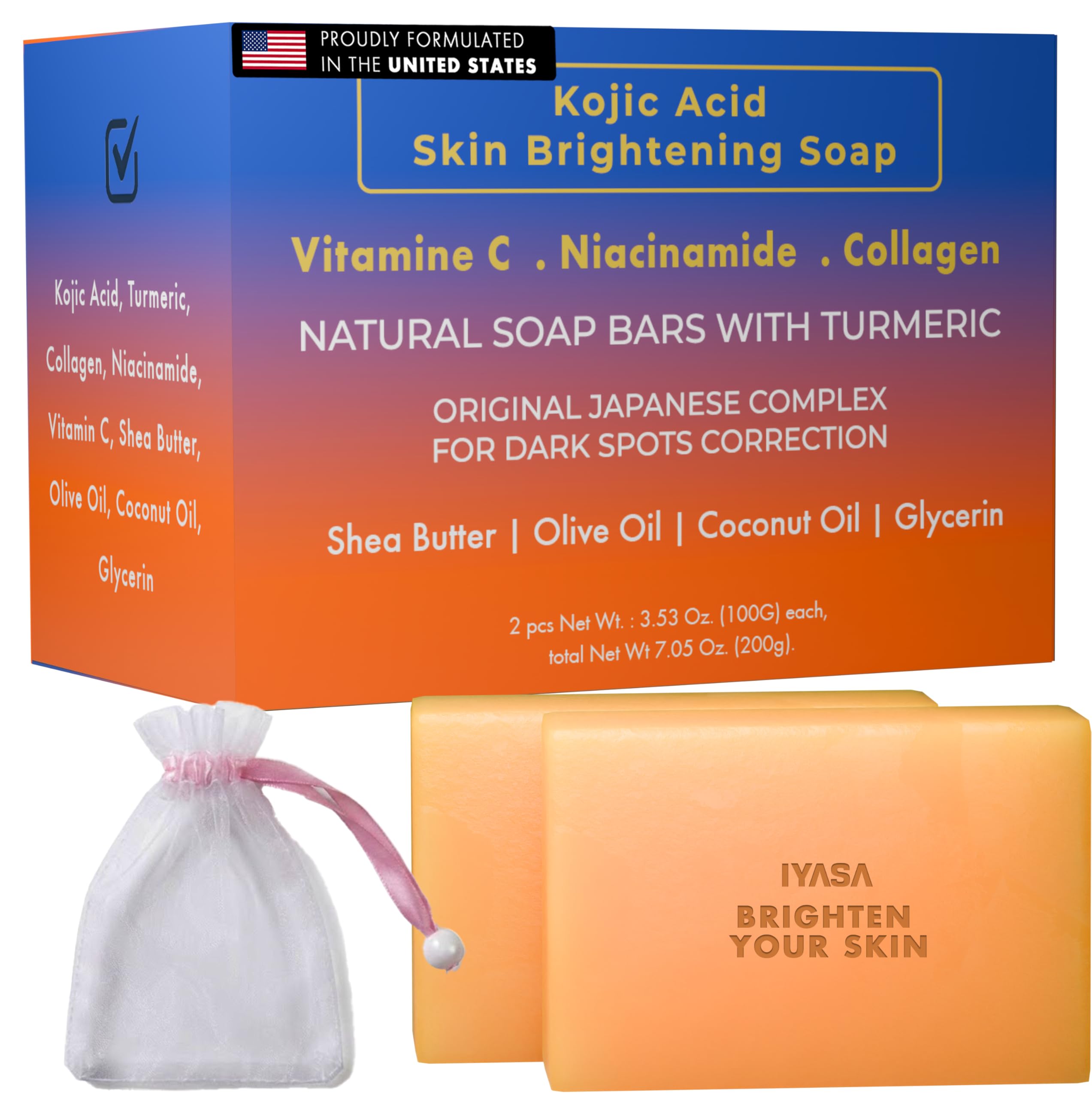 IYASA Kojic Acid Soap for Dark Spots – Turmeric Brightening Bar with Vitamin C, Retinol & Shea Butter | Evens Tone & Fades Hyperpigmentation | SGS-Tested, Steroid-Free (2 Pack)