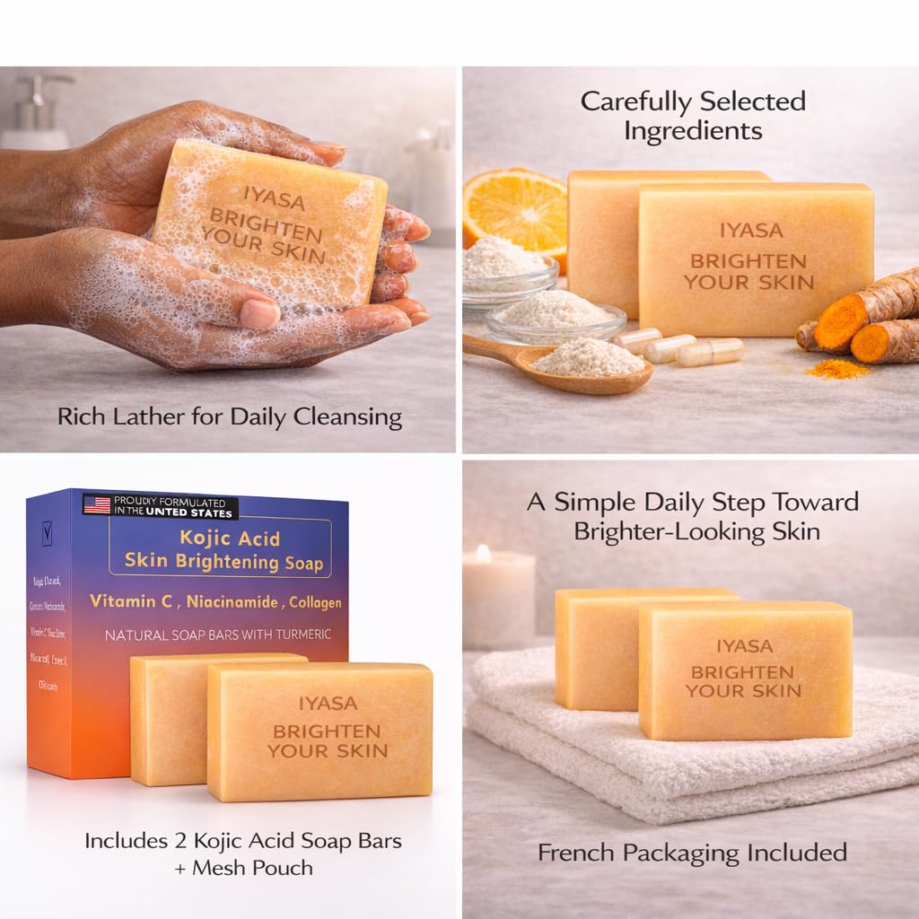 IYASA Kojic Acid Soap for Dark Spots – Turmeric Brightening Bar with Vitamin C, Retinol & Shea Butter | Evens Tone & Fades Hyperpigmentation | SGS-Tested, Steroid-Free (2 Pack)