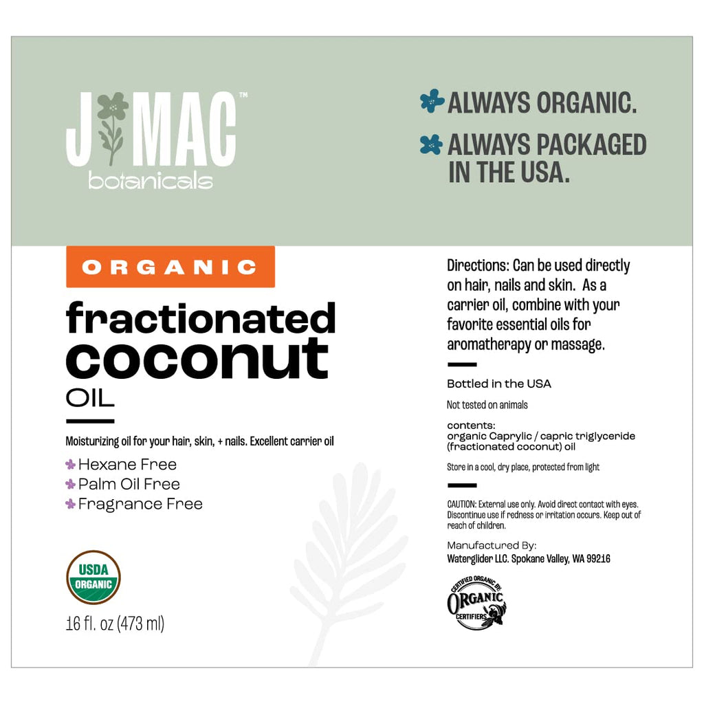 J Mac Botanicals Organic Fractionated Coconut Oil – 32 oz (2-Pack) Carrier Oil for Essential Oils, Hair & Skin