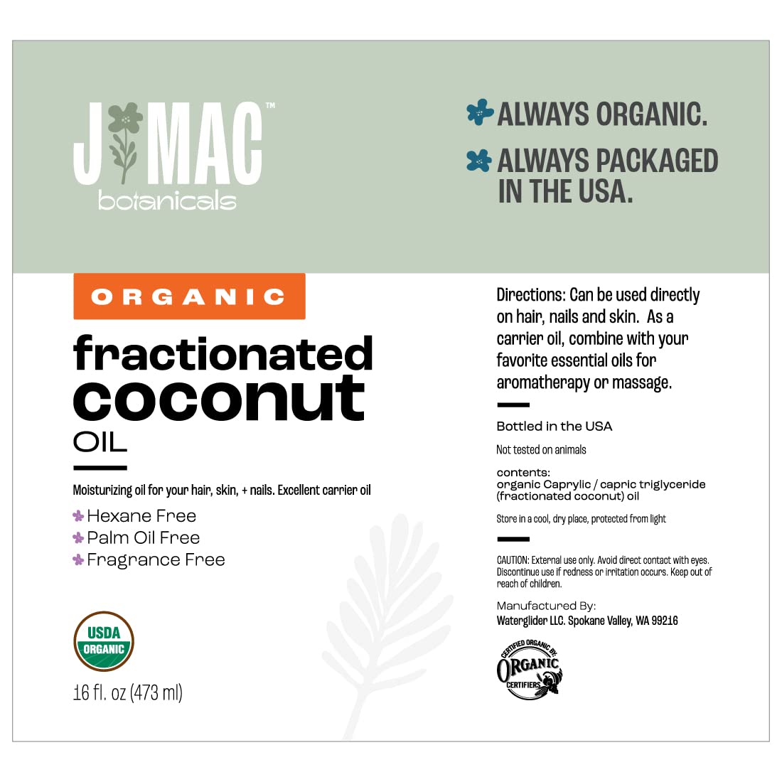J Mac Botanicals Organic Fractionated Coconut Oil – 32 oz (2-Pack) Carrier Oil for Essential Oils, Hair & Skin