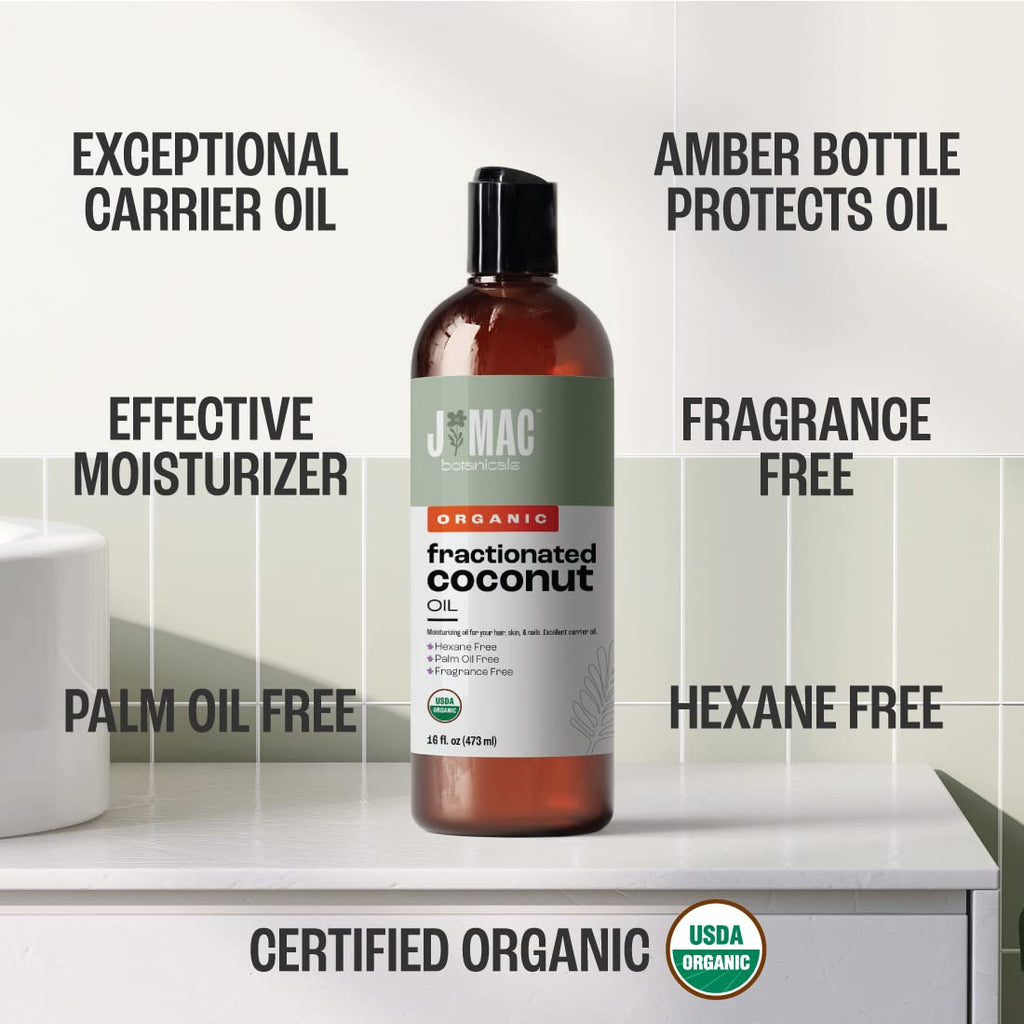 J Mac Botanicals Organic Fractionated Coconut Oil – 32 oz (2-Pack) Carrier Oil for Essential Oils, Hair & Skin