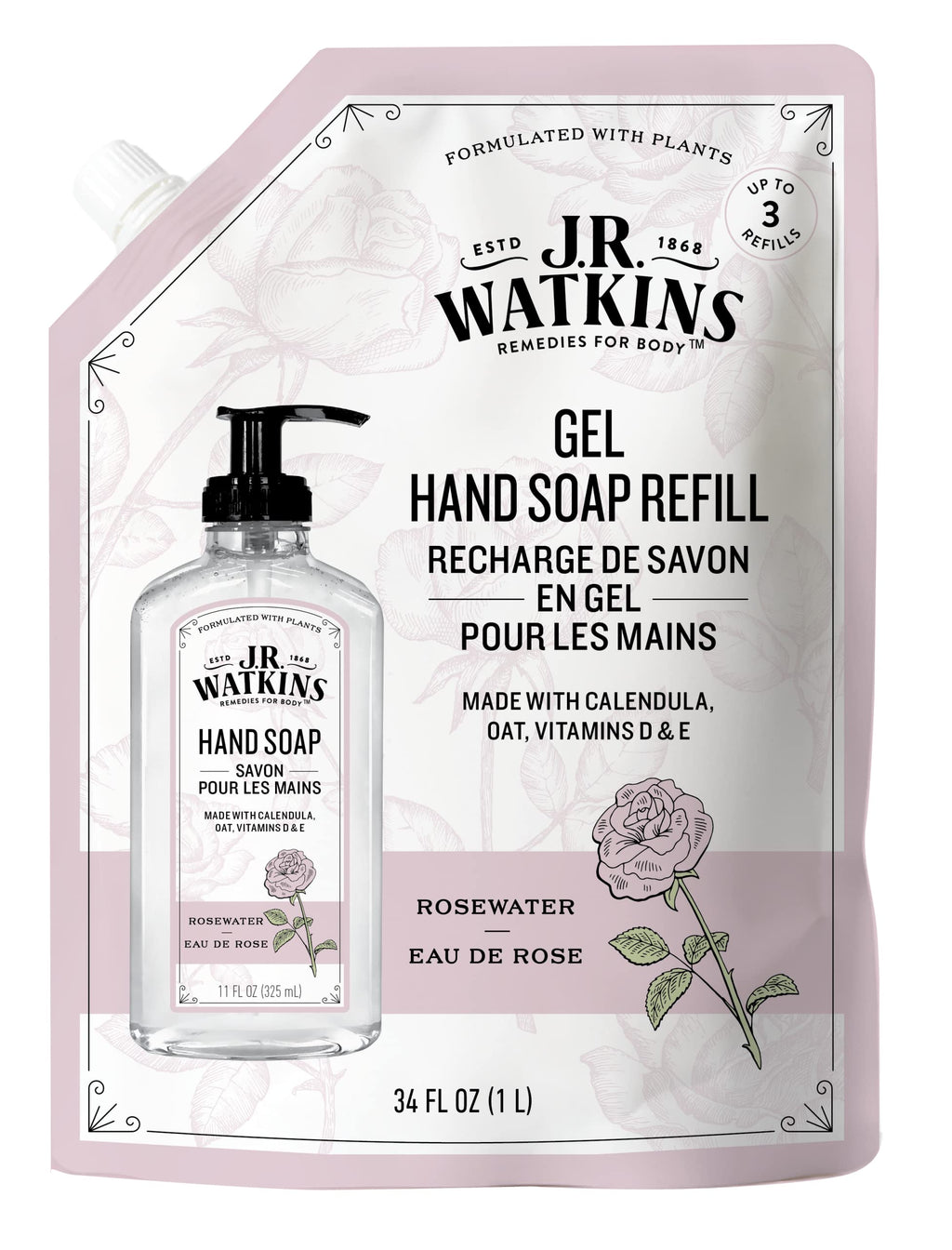 J.R. Watkins Rosewater Liquid Hand Soap Refill Pouch – 1 L