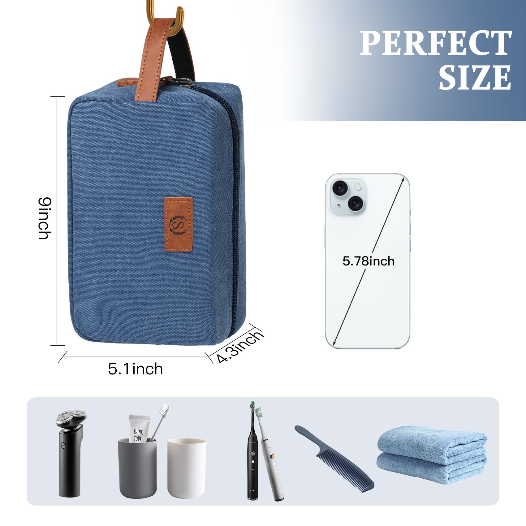 Janhavi Waterproof Canvas Dopp Kit with Engraved Initials & Wheat Ear – Blue Z